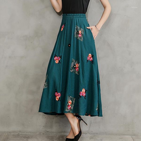 

skirts 2021 summer women cotton linen national wind long skirt fashion vintage elastic waist embroidered clothes rq127, Black