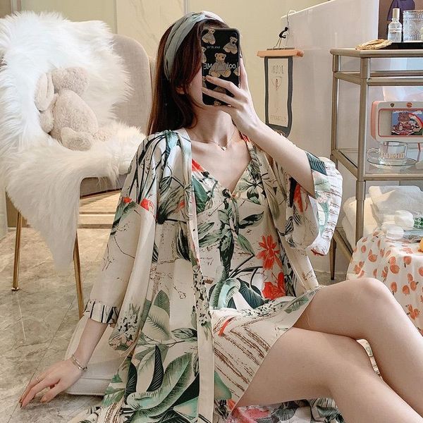 

women's sleepwear spring bath robe ladies set fresh print printed nightdress women comfort dressing gown loose homewear femme nightgown, Black;red