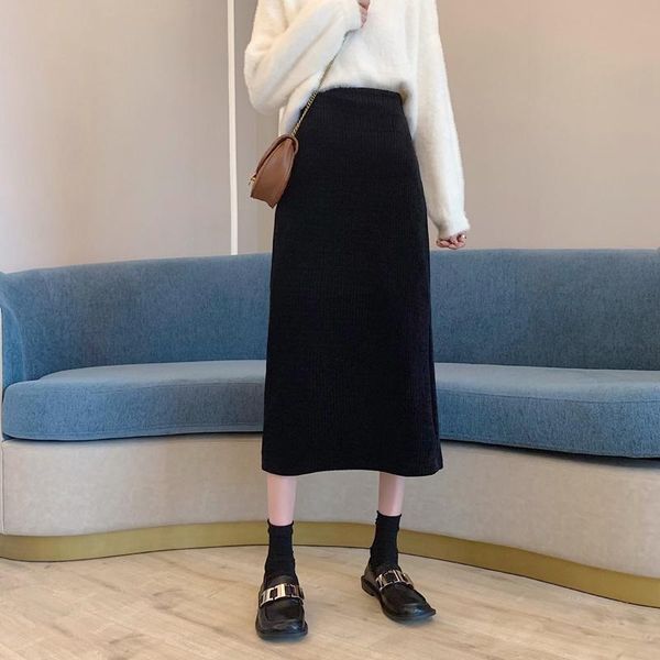 

skirts women's fashion high waist was thin slit mid-length package hip a-line skirt, Black