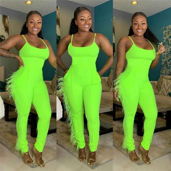 

neon green tassel trim womens spaghetti strap sleeveless bodycon long jumpsuit club party rompers female overalls, Black;white