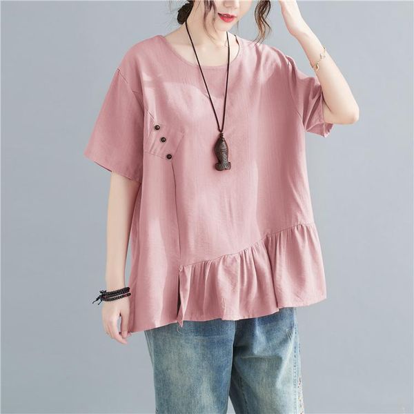 

summer sweet ruffles pink t shirt for woman short sleeve button decoration cotton linen o-neck casual tee femme 2021 women's t-shirt, White
