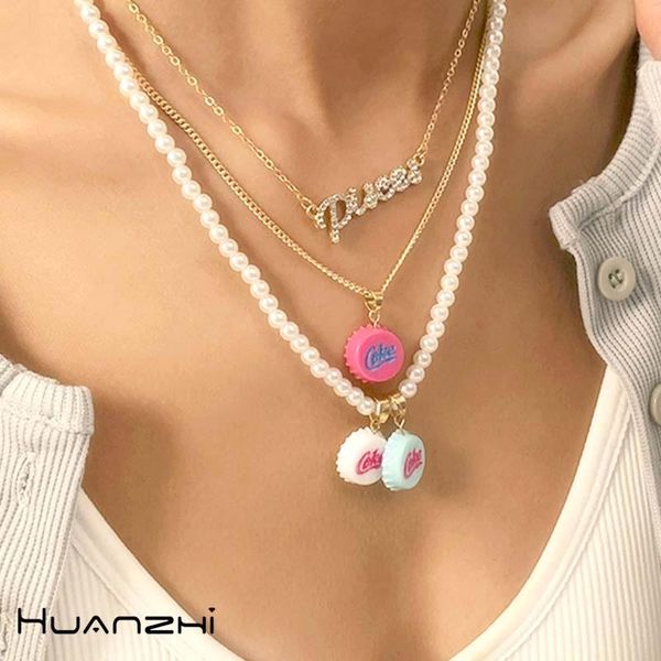 

pendant necklaces huanzhi 2021 colorful resin coke bottle cap letter pearl metal zircon necklace for women girls party travel jewelry, Silver