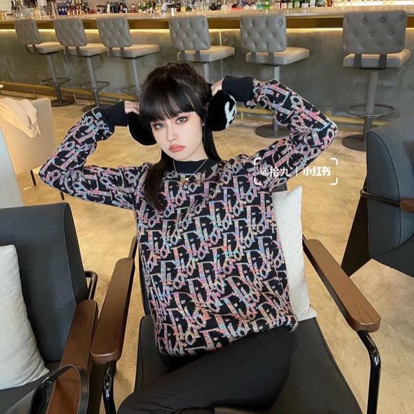 

dazzle color matching 2021 new old flower full body letter jacquard round neck sweater women, Black;gray