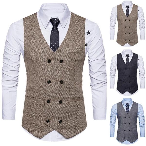 

men's vests business waistcoat solid color double-breast herringbone twill back strap pocket casual mouwloze formele zakelijke jas 2021, Black;white