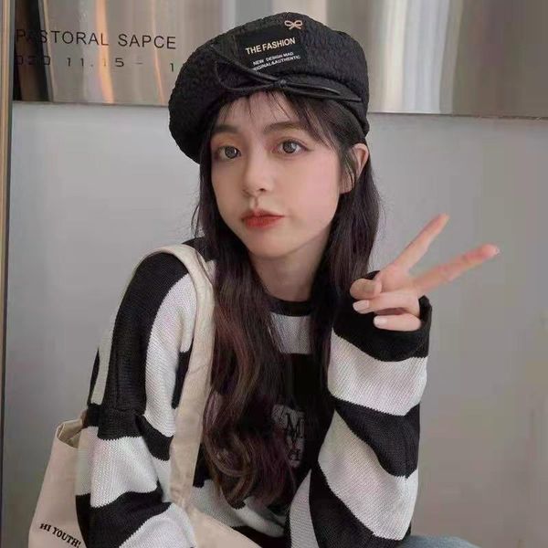 

berets bowknot bubble cloth sweet beret 2021 autumn and winter wild retro sboy lady painter hat outdoor casual warm fashion, Blue;gray