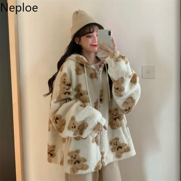 

neploe cute women hoodie winter loose hoodies sweatshirts streetwear thick lamb wool bear coat zipper oversized outwear 210805, Black