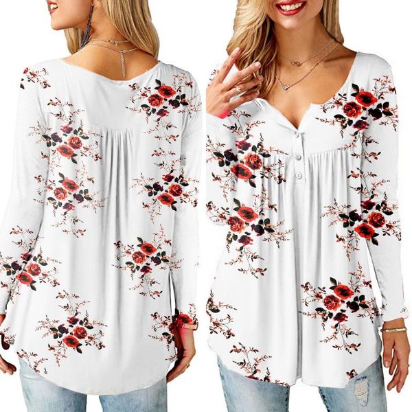 

women's t-shirt donsignet fashion summer v-neck pullover print pleated open tube button loose long sleeves woman t-shirts, White