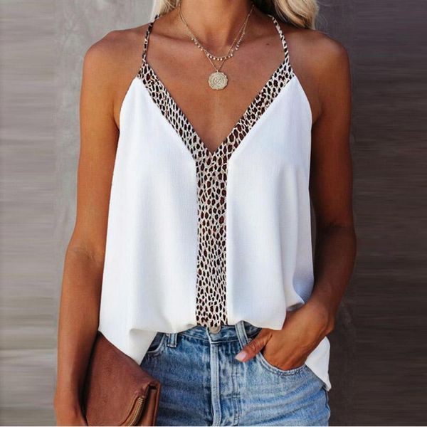 

women's blouses & shirts deep v neck string halter blouse shirt women spring leopard print patchwork summer sleeveless streetwear p, White