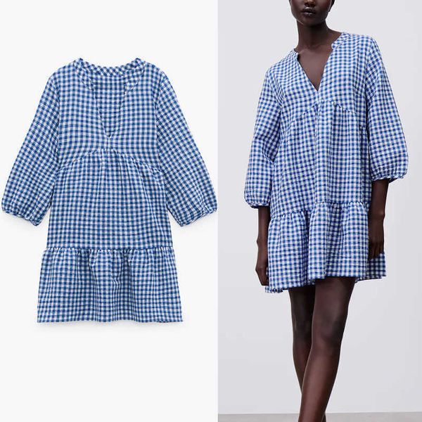 

za blue gingham mini dress women long puff sleeve v neck spring dresses woman chic plaid flounced hem office dress 210602, Black;gray