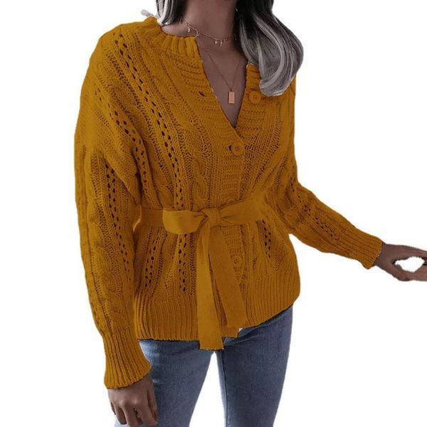 

women's jackets knitted cardigan sweater women korean twist buttoned bandage belt slim outwear 2021 autumn winter coat female lr1679, Black;brown