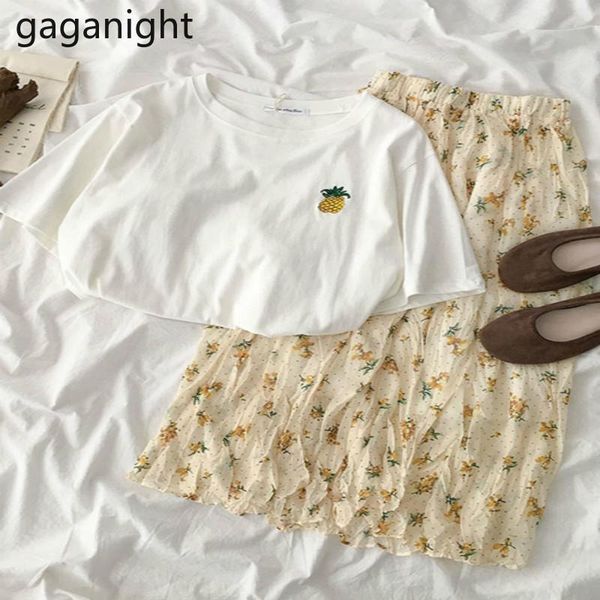 

two piece dress gaganight summer women sweet suit fashion embroidery basic o neck short sleeve t-shirt elastic waist floral chiffon skirt 2, White
