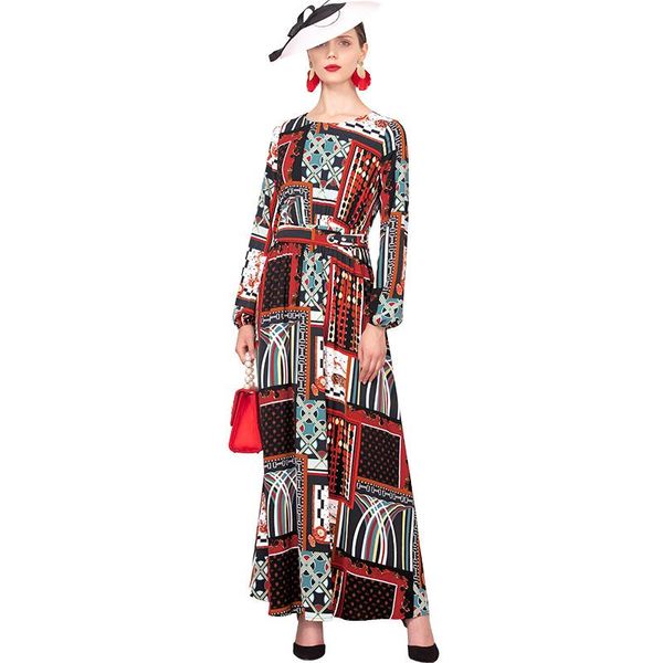 

casual dresses chiffon ethnic style long dress o neck slim waist ankle-length evening party women runway vintage dz2254, Black;gray