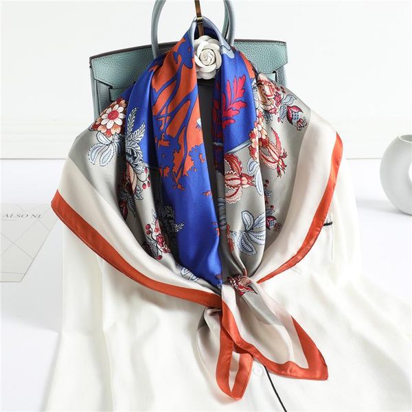 

scarves 90cm square scarf lady hijab shawl wrap women deer print floral headband pashmina neck bandana neckerchief 2021, Blue;gray