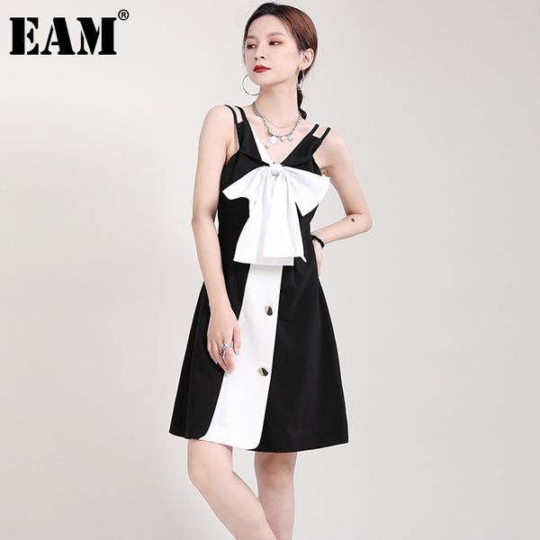 

[eam] women irregular contrast color bow suspender dress v-neck sleeveless loose fashion spring summer 1dd8529 210512, Black;gray