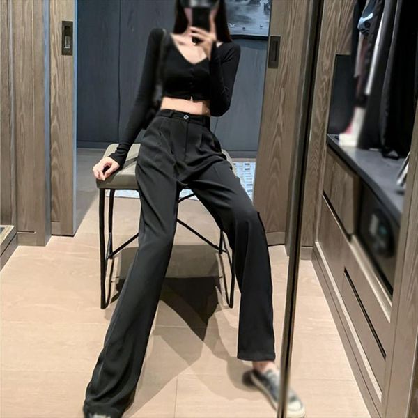 

mopping high waist summer casual womens pant solid color straight loose thin trousers, Black;white