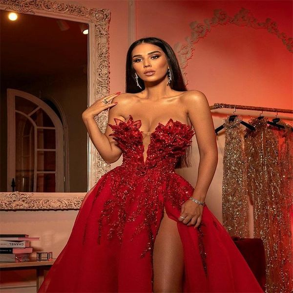 Sexy alta divisão praia vestido de casamento uma linha 2022 vermelho querida vestidos de noiva cristais lantejoulas contas longo tule vestidos de noiva283f