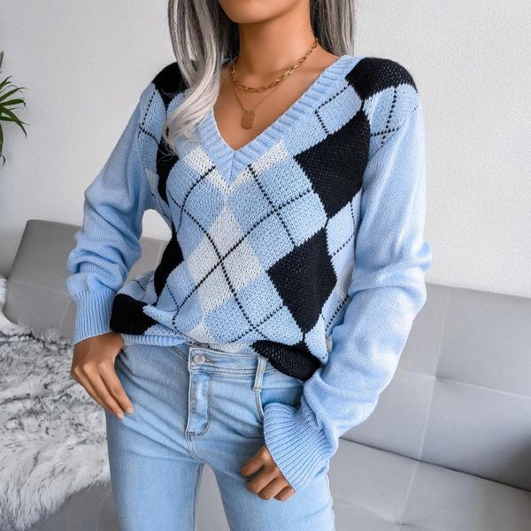 

women's sweaters college wind diamond casual sweater v neck knitted elegant long sleeve argyle print loose jumper, White;black