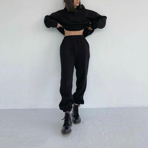 

solid casual tracksuit sports womenpant 2 pieces sets sweatshirts pullover hoodies pants suit sweatpants trousers outfits, White