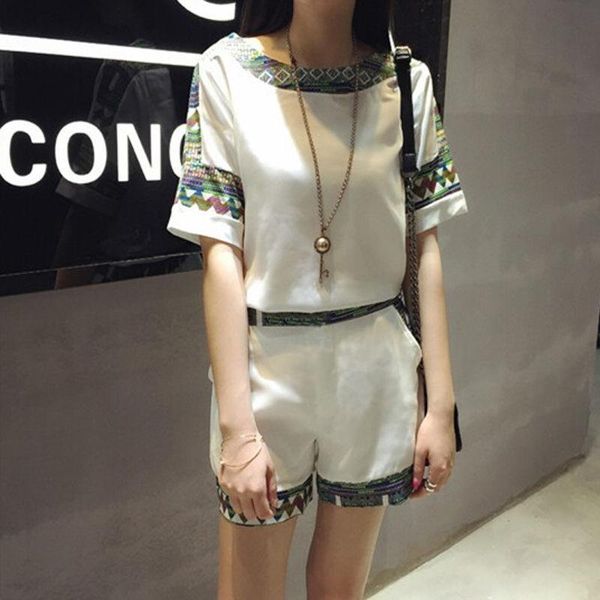 

print summer fashion suit slim womens tracksuits printed chiffon short sleeve blouse shorts pants casual two set, Gray