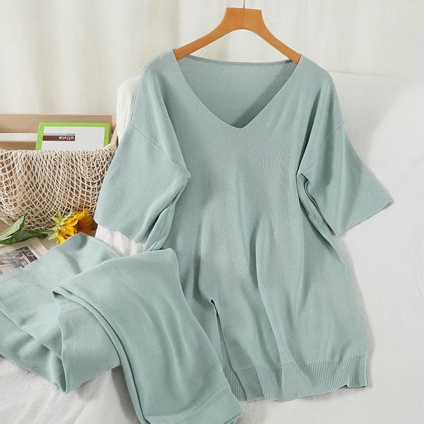 

women's two piece pants casual solid knitted pant sets women v-neck short sleeve loose + elastic high waist wide-leg two-piece suits, White