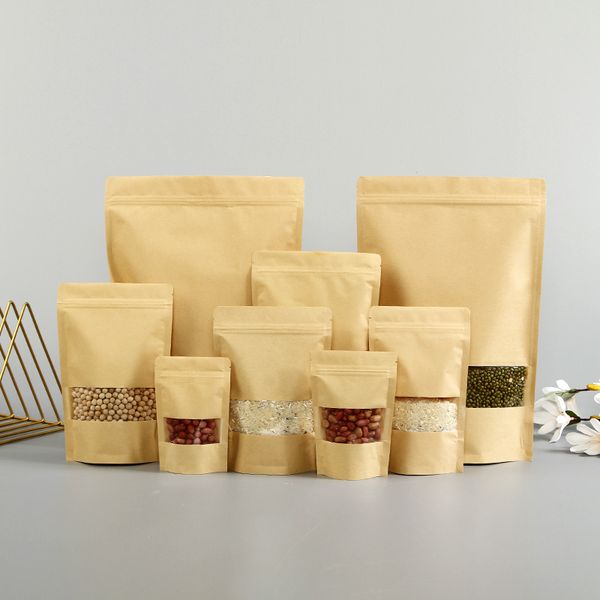 

kraft paper food bag package doypack stand up pouch gift tea candy snack biscuit nuts container with front window self sealing retail packag