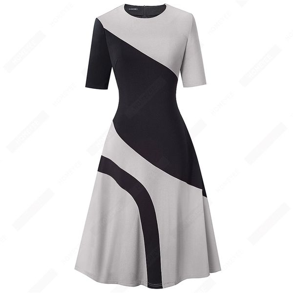 

summer women fashion contrast color patchwork elegant business party flare a line dress ea239, Black;gray