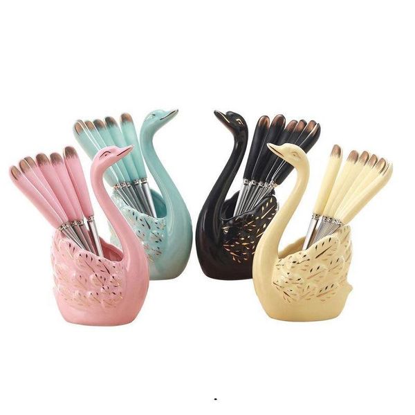 

forks creative swan ceramic fruit fork coffee spoon set stainless steel tableware with base bento box accessories