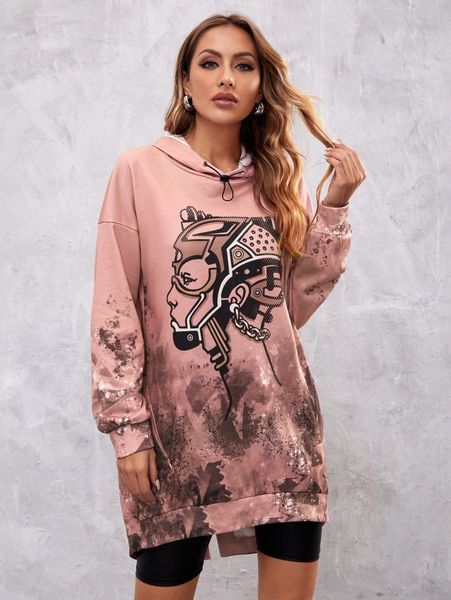

x designs by rina figure graphic split hem drawstring hoodie v2u6#, White;black