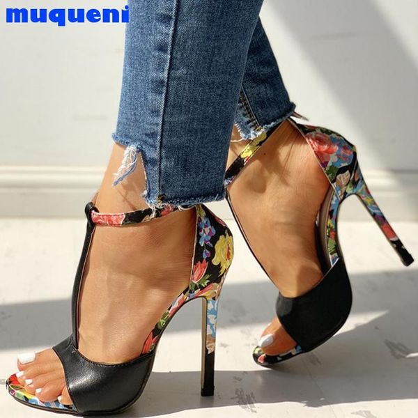 

women t-strap floral print sandals summer fashion super high heels open toe gladiator shoes woman party pumps embroider dress, Black