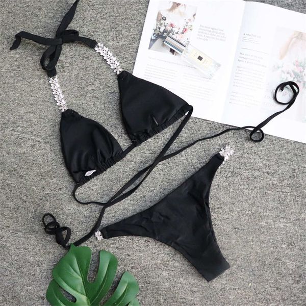 

2021 halter bikini women swimwear female swimsuit two-pieces bikini set with shiny diamond decor bather bathing suit swim k2386