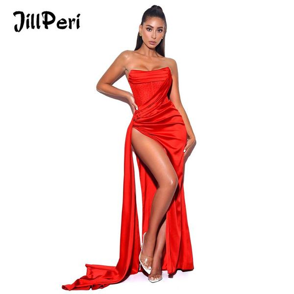 

jillperi strapless diamante crystal solid red gown christmas birthday celebrity outfits women slit draped evening dress casual dresses, Black;gray