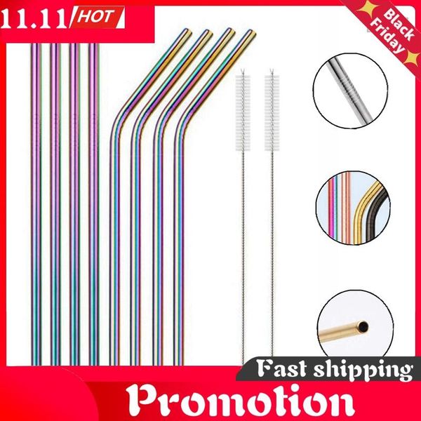 

drinking straws rainbow color reusable metal set with cleaner brush 304 stainless steel straw milk drinkware bar party accessory