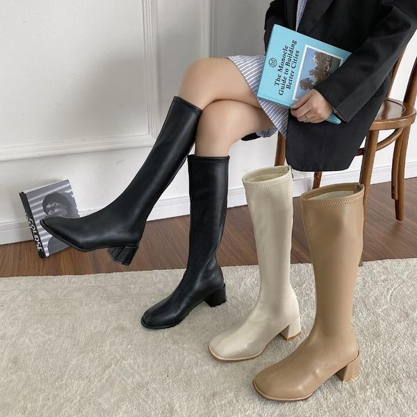 

fashion women 7cm black block high heels long boots winter warm knee soft leather thigh shoes