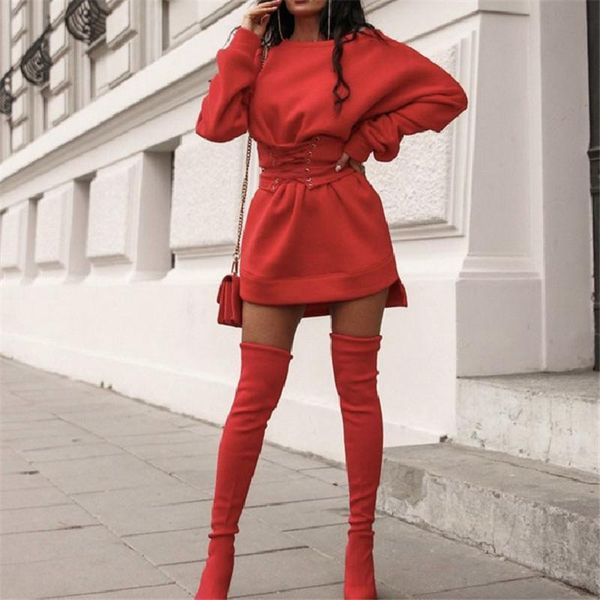 

casual dresses plus size warm sweatshirt dress autumn long sleeve women off shoulder lace-up 2021 winter hoodies mini m0345, Black;gray