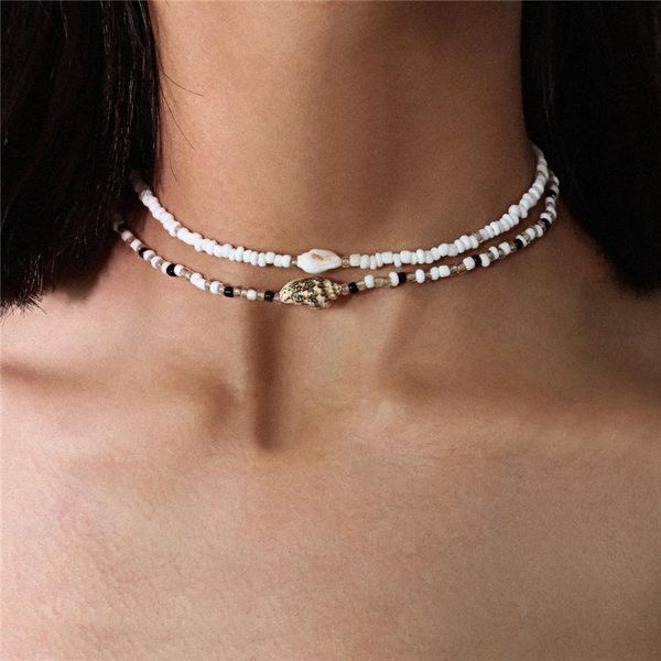 

chokers 2pcs/set conch beads necklaces for women white/black beaded shell clavicle chain fashion collar beach jewelry accessory, Golden;silver