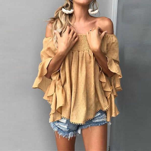 

women's blouses & shirts summer women shirt off shoulder backless solid flared sleeve casual ladies blouse fashion female clothing, White
