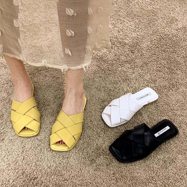 

slippers slhjc 2021 summer women flat heel leather braid sandals peep toe holiday drags shoes female slides, Black