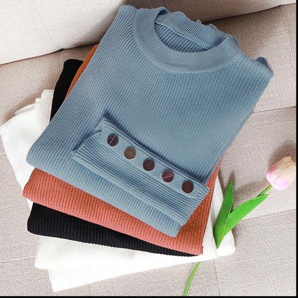 

casual basic autumn winter thick women sweater pullovers button sleeve o neck chic female slim knit soft jumper pullover, White;black