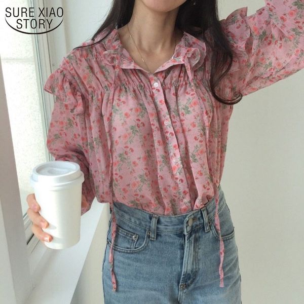 

autumn long sleeve woman's blouses printed wild chiffon blouse korean clothes vintage ruffled pink shirts woman 10336 210508, White