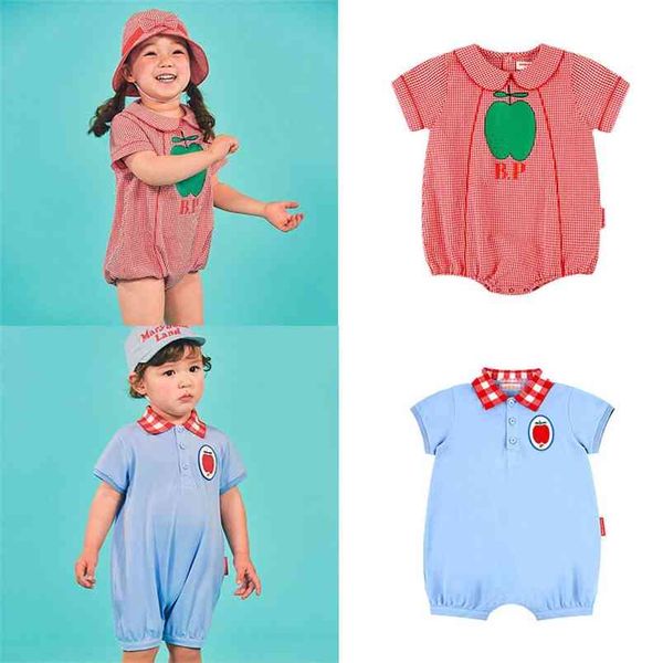 Kore Bebek Erkek ve Kız Yaz Romper Süper Güzel Yürüyor Giysileri Apple Desen Onesie Bbay 210619