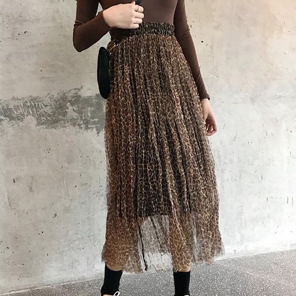 

skirts harajuku khaki tulle elastic waist women summer 2021 animal leopard print pleated mesh midi skirt, Black
