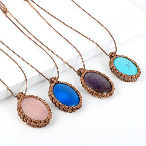 

pendant necklaces natural gem stone necklace for men women braided 4cm big oval pink crystal lapis lazuli tiger eye, Silver