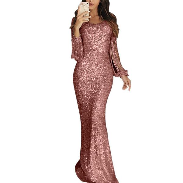 

casual dresses u-swear women long sleeves tassel sequins evening party dress ladies cold shoulder bodycon maxi robe femme vestidos, Black;gray