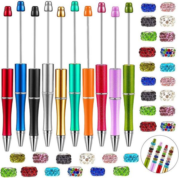 

10 PCS Beadable Pen Bead Ballpoint Pen for Kids Party Personalized Wedding with 20 Pieces Mixed Color Rhinestone Beads WJ105, Multi