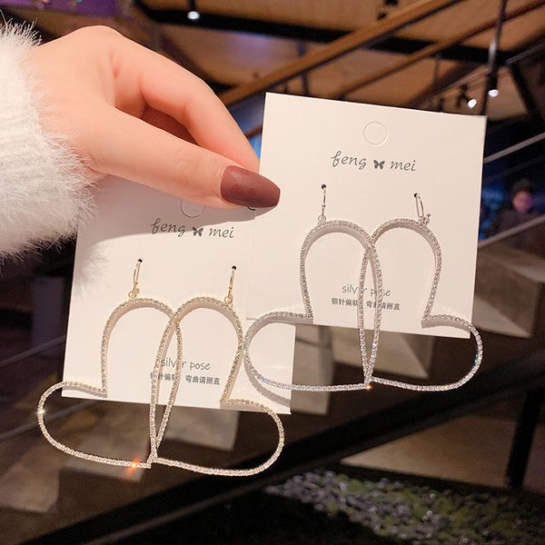 

full diamond love hollow female fashion temperament personality net red long earrings fashion, Silver