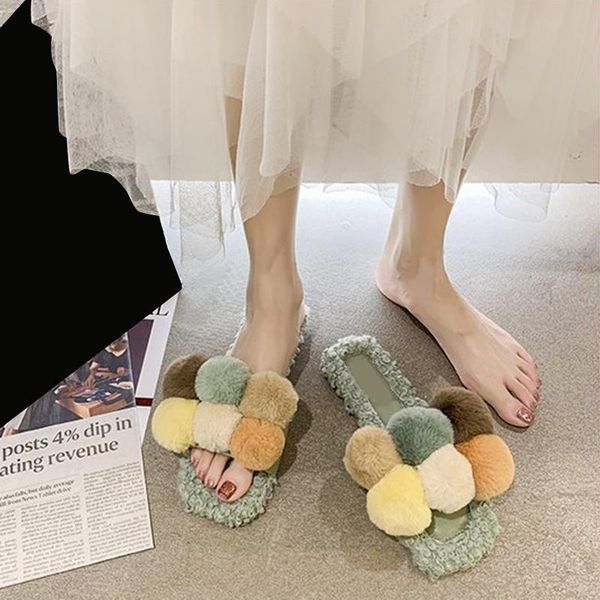 

fluffy casual flat sandals non slip open toe home flurry slippers soft plush ball k2, Black