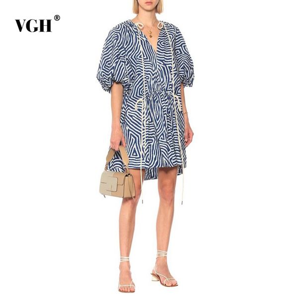 

vgh loose print summer dress female v neck short sleeve lace up bowknot mini hit color dresses for women fashion new clothing 210421, Black;gray