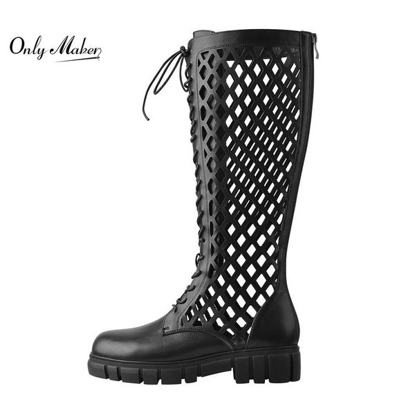 

boots onlymaker round toe lace-up hollow low heels for women matte black knee high zipper big size