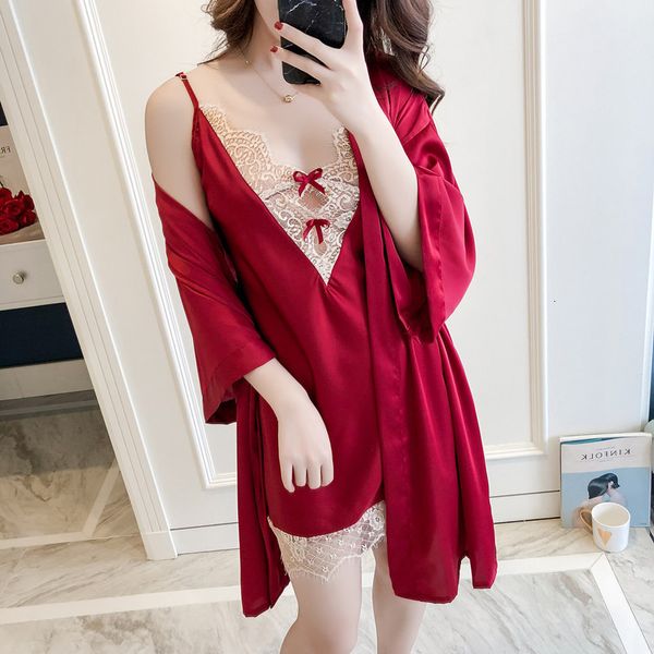 

pyjamas spaghetti strap nightdress robe twinset lace hollow patchwork pijama for women 7c39, Black;white