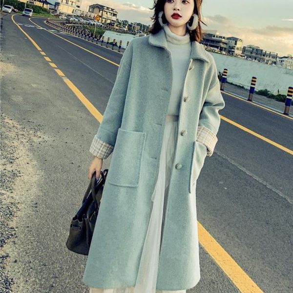 

women's wool & blends jacket women coat woolen autumn and winter fashion long below the knee veste manteau femme, Black